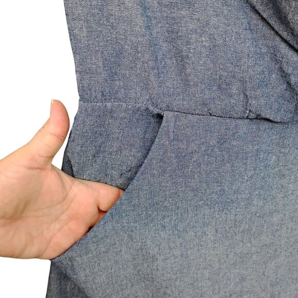 Corey P Chambray Faux Wrap Dress Size Small Light Blue Sleeveless Zipper on Back - Picture 3 of 5